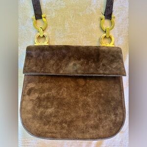 Vintage Ferragamo suede shoulder bag, brown with gold hardware, fair condition.